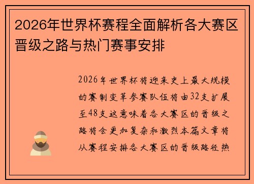 2026年世界杯赛程全面解析各大赛区晋级之路与热门赛事安排