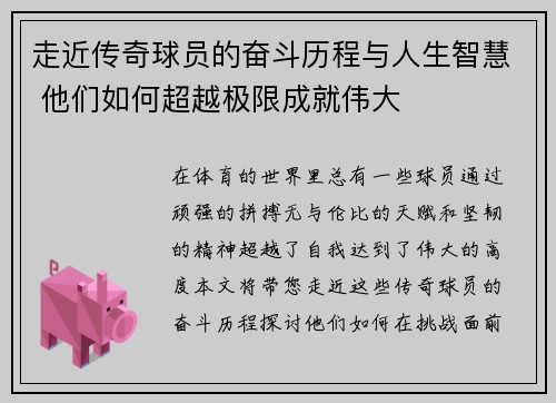 走近传奇球员的奋斗历程与人生智慧 他们如何超越极限成就伟大