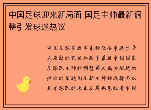 中国足球迎来新局面 国足主帅最新调整引发球迷热议