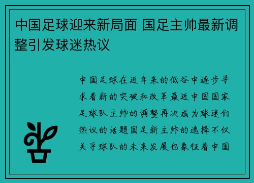 中国足球迎来新局面 国足主帅最新调整引发球迷热议