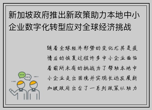 新加坡政府推出新政策助力本地中小企业数字化转型应对全球经济挑战