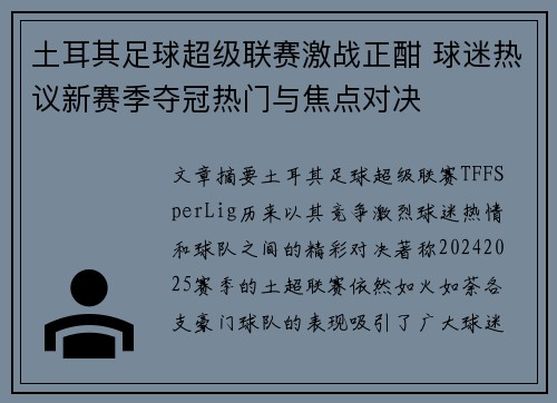土耳其足球超级联赛激战正酣 球迷热议新赛季夺冠热门与焦点对决